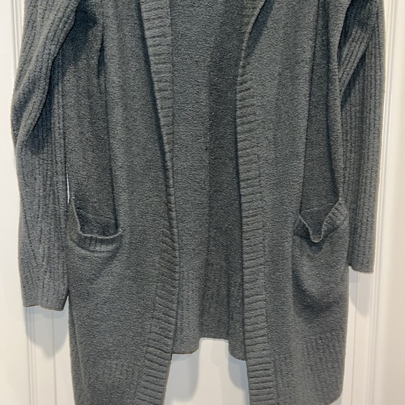 Barefoot Dreams CozyChic Lite Hooded Cardigan with Front Pocket in Gray/Green - Picture 3 of 7